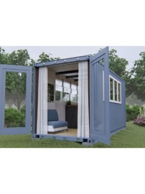 Container maritime de 20 pieds utilisé comme abri de jardin, avec une peinture verte intégrée dans un espace paysager.