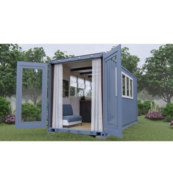 Container maritime de 20 pieds utilisé comme abri de jardin, avec une peinture verte intégrée dans un espace paysager.