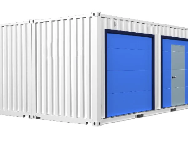 Garage prefabrique en containers maritimes de 28 m² vue exterieure Double porte sectorielle