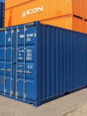 Vue extérieure du container 40 pieds High Cube neuf avec portes ouvertes.